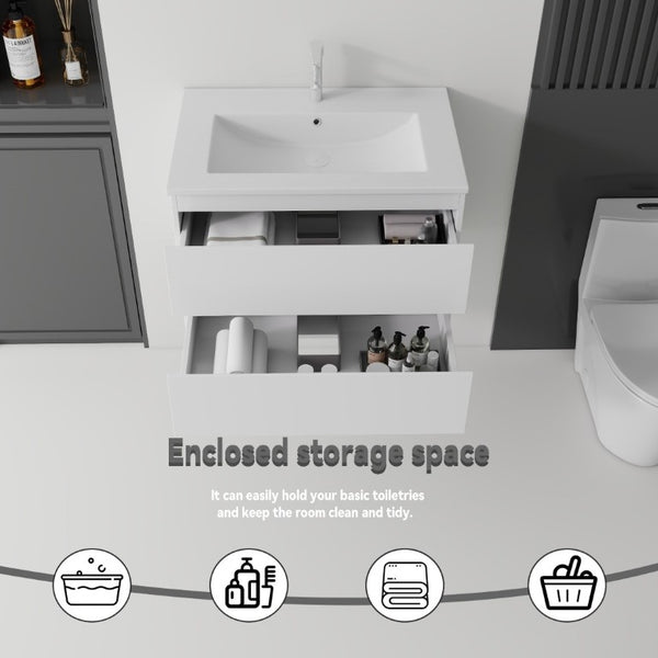 English Elm 24 Inch Floating Bathroom Vanity with Ceramic Sink Soft Close Drawer Modern Bath White B2775S00002