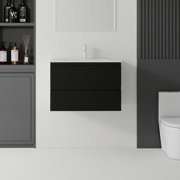 English Elm 24 Inch Floating Bathroom Vanity with Ceramic Sink Soft Close Drawer Modern Bath Black B2775S00003