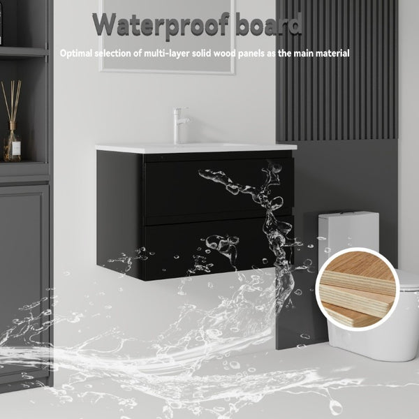 English Elm 24 Inch Floating Bathroom Vanity with Ceramic Sink Soft Close Drawer Modern Bath Black B2775S00003