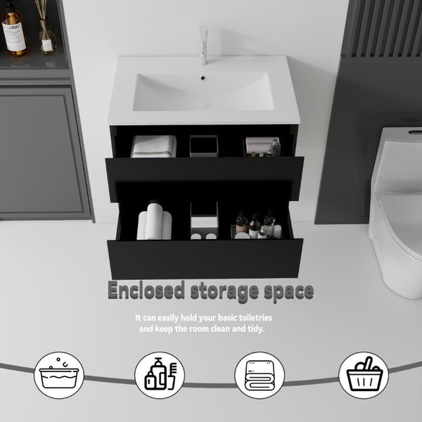 English Elm 24 Inch Floating Bathroom Vanity with Ceramic Sink Soft Close Drawer Modern Bath Black B2775S00003