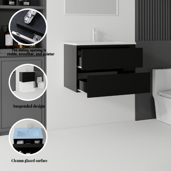English Elm 24 Inch Floating Bathroom Vanity with Ceramic Sink Soft Close Drawer Modern Bath Black B2775S00003