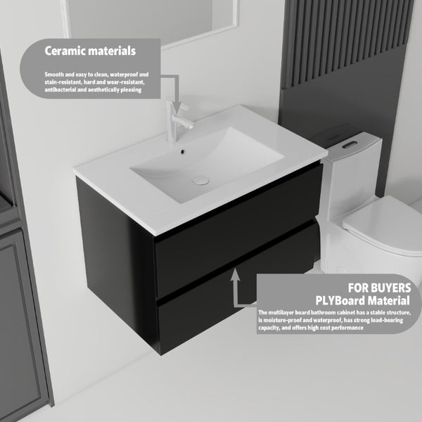 English Elm 24 Inch Floating Bathroom Vanity with Ceramic Sink Soft Close Drawer Modern Bath Black B2775S00003