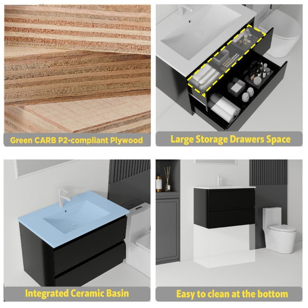 English Elm 24 Inch Floating Bathroom Vanity with Ceramic Sink Soft Close Drawer Modern Bath Black B2775S00003
