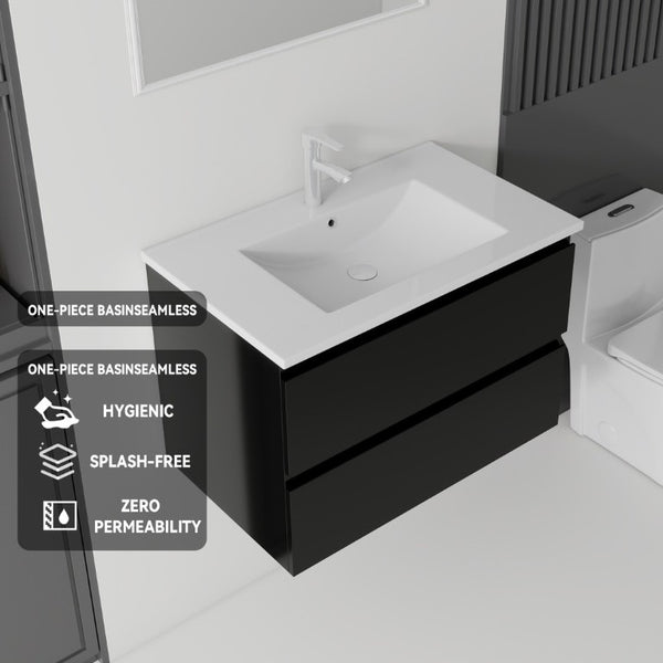 English Elm 24 Inch Floating Bathroom Vanity with Ceramic Sink Soft Close Drawer Modern Bath Black B2775S00003