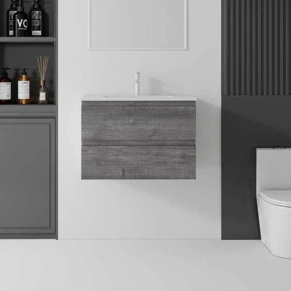 English Elm 24 Inch Floating Bathroom Vanity with Ceramic Sink Soft Close Drawer Modern Bath Grey B2775S00004