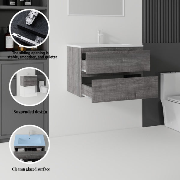 English Elm 24 Inch Floating Bathroom Vanity with Ceramic Sink Soft Close Drawer Modern Bath Grey B2775S00004