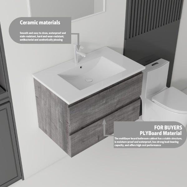 English Elm 24 Inch Floating Bathroom Vanity with Ceramic Sink Soft Close Drawer Modern Bath Grey B2775S00004