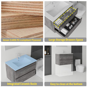 English Elm 24 Inch Floating Bathroom Vanity with Ceramic Sink Soft Close Drawer Modern Bath Grey B2775S00004