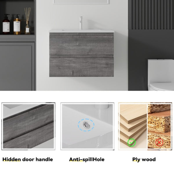 English Elm 24 Inch Floating Bathroom Vanity with Ceramic Sink Soft Close Drawer Modern Bath Grey B2775S00004