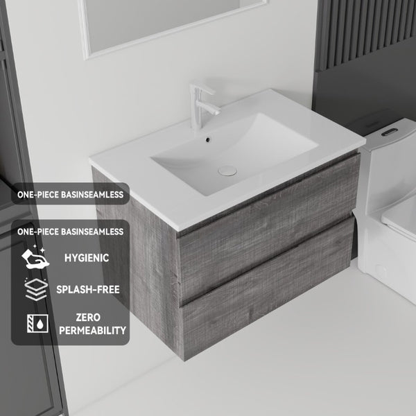 English Elm 24 Inch Floating Bathroom Vanity with Ceramic Sink Soft Close Drawer Modern Bath Grey B2775S00004