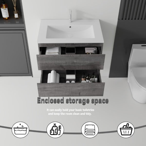 English Elm 24 Inch Floating Bathroom Vanity with Ceramic Sink Soft Close Drawer Modern Bath Grey B2775S00004