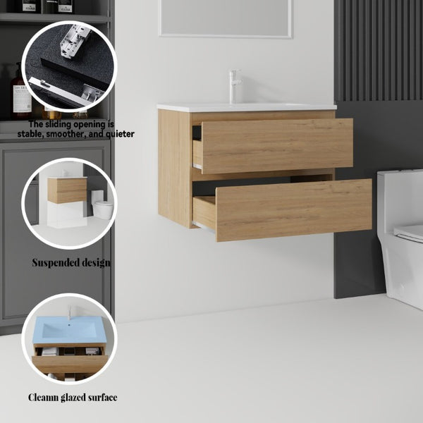 English Elm 24 Inch Floating Bathroom Vanity with Ceramic Sink Soft Close Drawer Modern Bath Oak B2775S00005