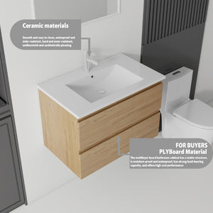 English Elm 24 Inch Floating Bathroom Vanity with Ceramic Sink Soft Close Drawer Modern Bath Oak B2775S00005