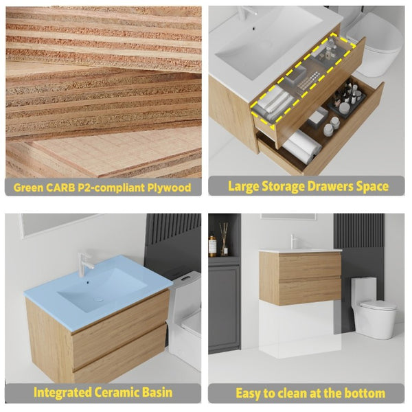 English Elm 24 Inch Floating Bathroom Vanity with Ceramic Sink Soft Close Drawer Modern Bath Oak B2775S00005