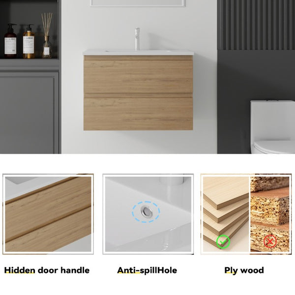 English Elm 24 Inch Floating Bathroom Vanity with Ceramic Sink Soft Close Drawer Modern Bath Oak B2775S00005