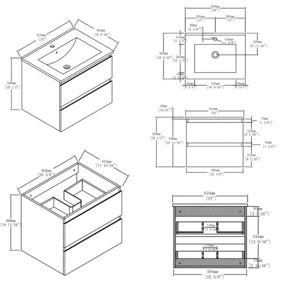 English Elm 24 Inch Floating Bathroom Vanity with Ceramic Sink Soft Close Drawer Modern Bath Oak B2775S00005