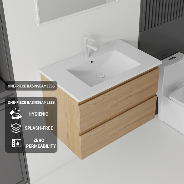 English Elm 24 Inch Floating Bathroom Vanity with Ceramic Sink Soft Close Drawer Modern Bath Oak B2775S00005