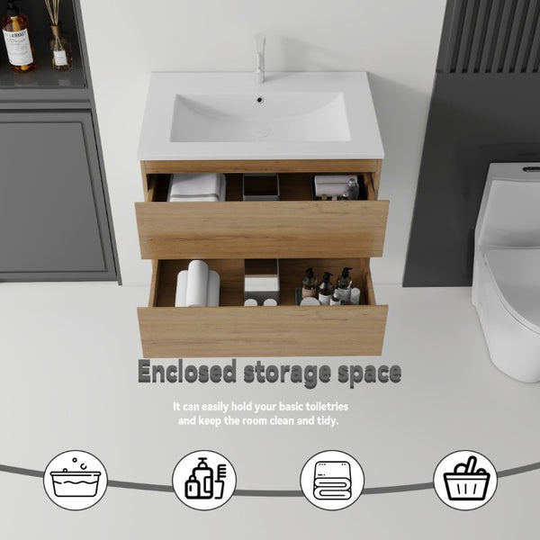 English Elm 24 Inch Floating Bathroom Vanity with Ceramic Sink Soft Close Drawer Modern Bath Oak B2775S00005