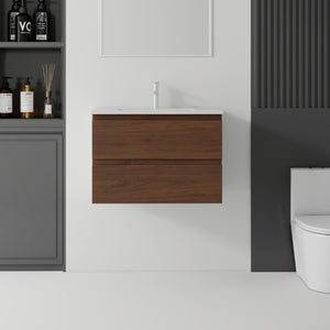English Elm 24 Inch Floating Bathroom Vanity with Ceramic Sink Soft Close Drawer Modern Bath Brown B2775S00006