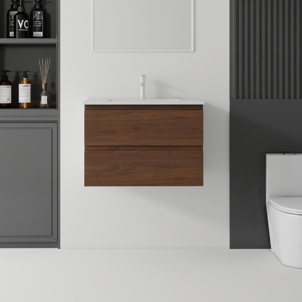 English Elm 24 Inch Floating Bathroom Vanity with Ceramic Sink Soft Close Drawer Modern Bath Brown B2775S00006
