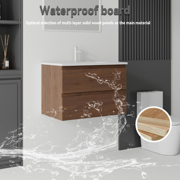 English Elm 24 Inch Floating Bathroom Vanity with Ceramic Sink Soft Close Drawer Modern Bath Brown B2775S00006