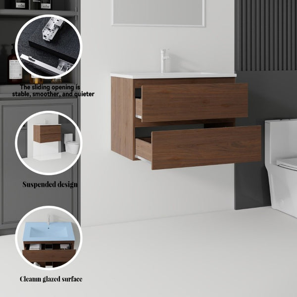 English Elm 24 Inch Floating Bathroom Vanity with Ceramic Sink Soft Close Drawer Modern Bath Brown B2775S00006