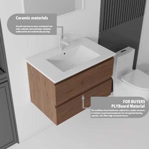 English Elm 24 Inch Floating Bathroom Vanity with Ceramic Sink Soft Close Drawer Modern Bath Brown B2775S00006