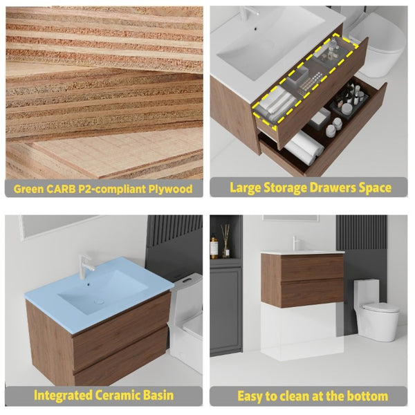 English Elm 24 Inch Floating Bathroom Vanity with Ceramic Sink Soft Close Drawer Modern Bath Brown B2775S00006