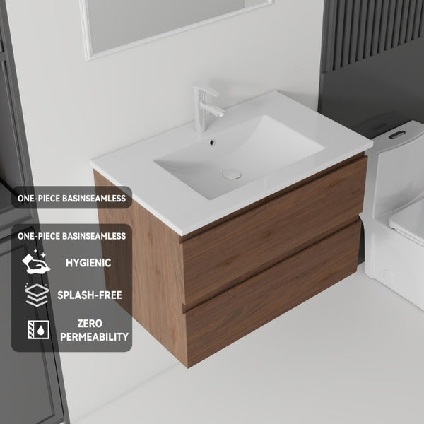 English Elm 24 Inch Floating Bathroom Vanity with Ceramic Sink Soft Close Drawer Modern Bath Brown B2775S00006