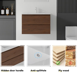 English Elm 24 Inch Floating Bathroom Vanity with Ceramic Sink Soft Close Drawer Modern Bath Brown B2775S00006