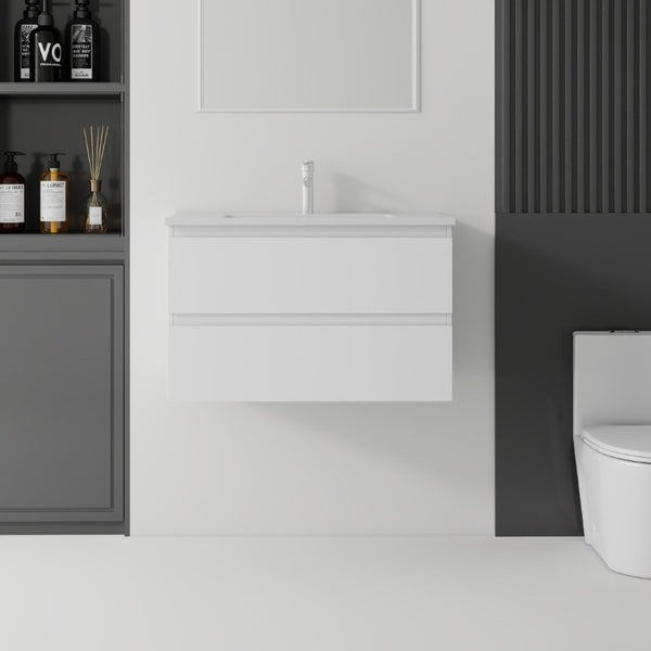 English Elm 30 Inch Wall Mounted Floating Vanity with Ceramic Basin Soft Close Drawer Plywood White B2775S00007