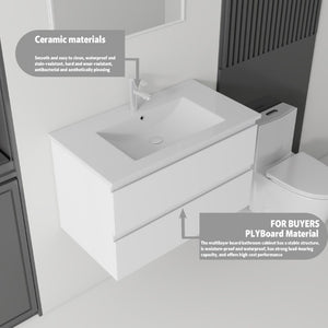 English Elm 30 Inch Wall Mounted Floating Vanity with Ceramic Basin Soft Close Drawer Plywood White B2775S00007
