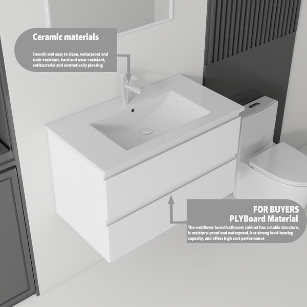 English Elm 30 Inch Wall Mounted Floating Vanity with Ceramic Basin Soft Close Drawer Plywood White B2775S00007