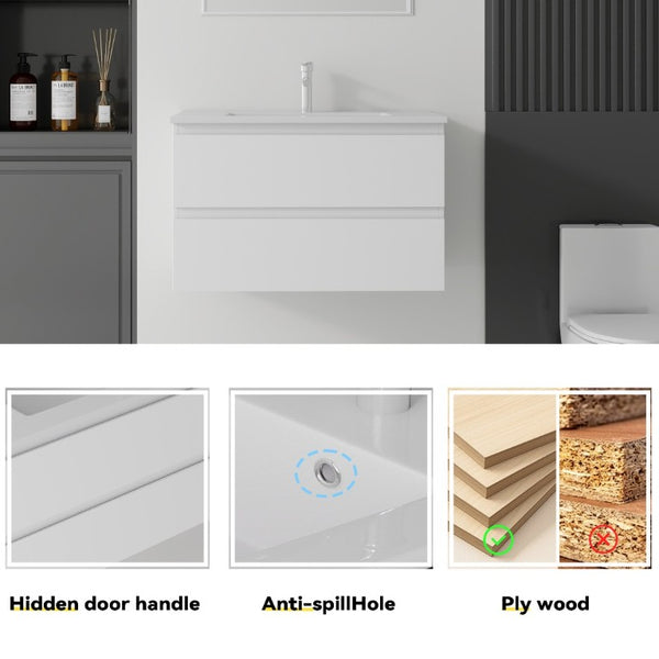 English Elm 30 Inch Wall Mounted Floating Vanity with Ceramic Basin Soft Close Drawer Plywood White B2775S00007