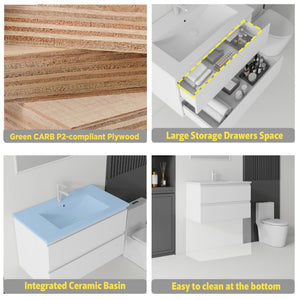 English Elm 30 Inch Wall Mounted Floating Vanity with Ceramic Basin Soft Close Drawer Plywood White B2775S00007
