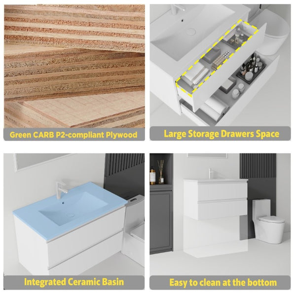 English Elm 30 Inch Wall Mounted Floating Vanity with Ceramic Basin Soft Close Drawer Plywood White B2775S00007