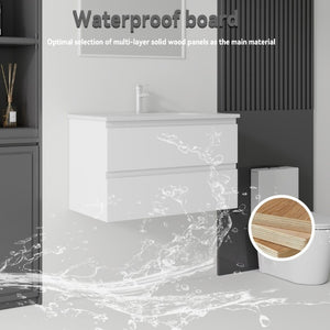 English Elm 30 Inch Wall Mounted Floating Vanity with Ceramic Basin Soft Close Drawer Plywood White B2775S00007