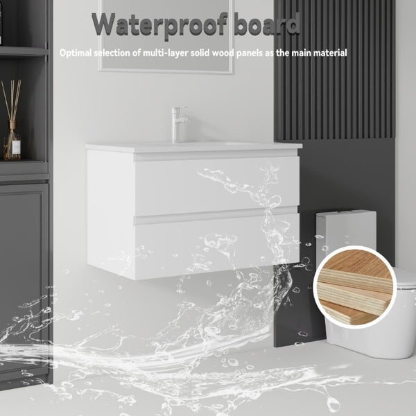 English Elm 30 Inch Wall Mounted Floating Vanity with Ceramic Basin Soft Close Drawer Plywood White B2775S00007