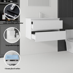 English Elm 30 Inch Wall Mounted Floating Vanity with Ceramic Basin Soft Close Drawer Plywood White B2775S00007