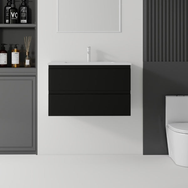 English Elm 30 Inch Wall Mounted Floating Vanity with Ceramic Basin Soft Close Drawer Plywood Black B2775S00008