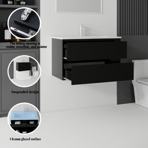 English Elm 30 Inch Wall Mounted Floating Vanity with Ceramic Basin Soft Close Drawer Plywood Black B2775S00008
