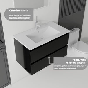 English Elm 30 Inch Wall Mounted Floating Vanity with Ceramic Basin Soft Close Drawer Plywood Black B2775S00008