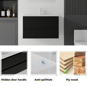 English Elm 30 Inch Wall Mounted Floating Vanity with Ceramic Basin Soft Close Drawer Plywood Black B2775S00008