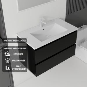 English Elm 30 Inch Wall Mounted Floating Vanity with Ceramic Basin Soft Close Drawer Plywood Black B2775S00008