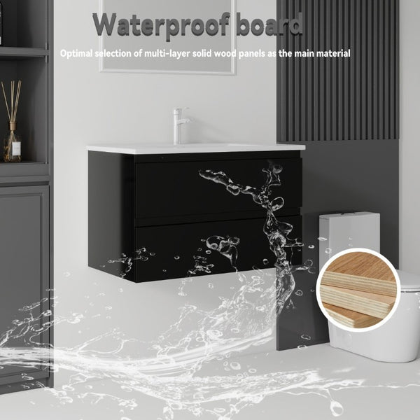 English Elm 30 Inch Wall Mounted Floating Vanity with Ceramic Basin Soft Close Drawer Plywood Black B2775S00008