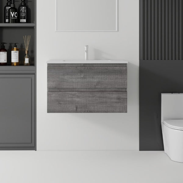English Elm 30 Inch Wall Mounted Floating Vanity with Ceramic Basin Soft Close Drawer Plywood Grey B2775S00009