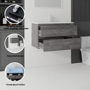 English Elm 30 Inch Wall Mounted Floating Vanity with Ceramic Basin Soft Close Drawer Plywood Grey B2775S00009