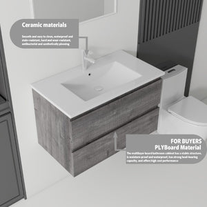 English Elm 30 Inch Wall Mounted Floating Vanity with Ceramic Basin Soft Close Drawer Plywood Grey B2775S00009
