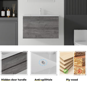 English Elm 30 Inch Wall Mounted Floating Vanity with Ceramic Basin Soft Close Drawer Plywood Grey B2775S00009