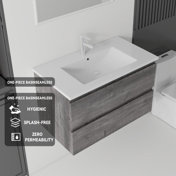 English Elm 30 Inch Wall Mounted Floating Vanity with Ceramic Basin Soft Close Drawer Plywood Grey B2775S00009